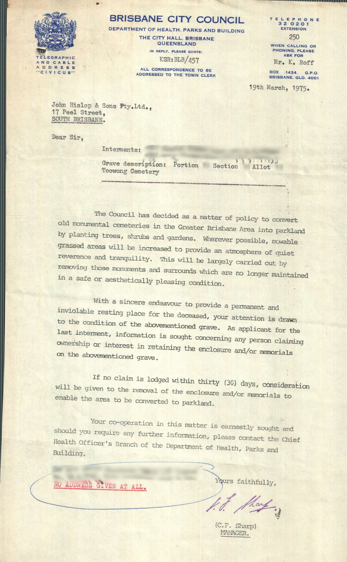 Letter about removing headstones from Toowong Cemetery, 1975