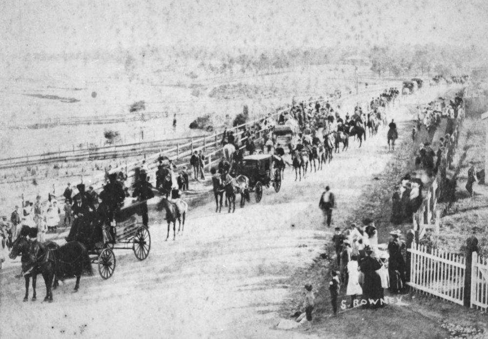 Funeral procession of the famous jockey, Brickwood Colley, in Brisbane, 1896