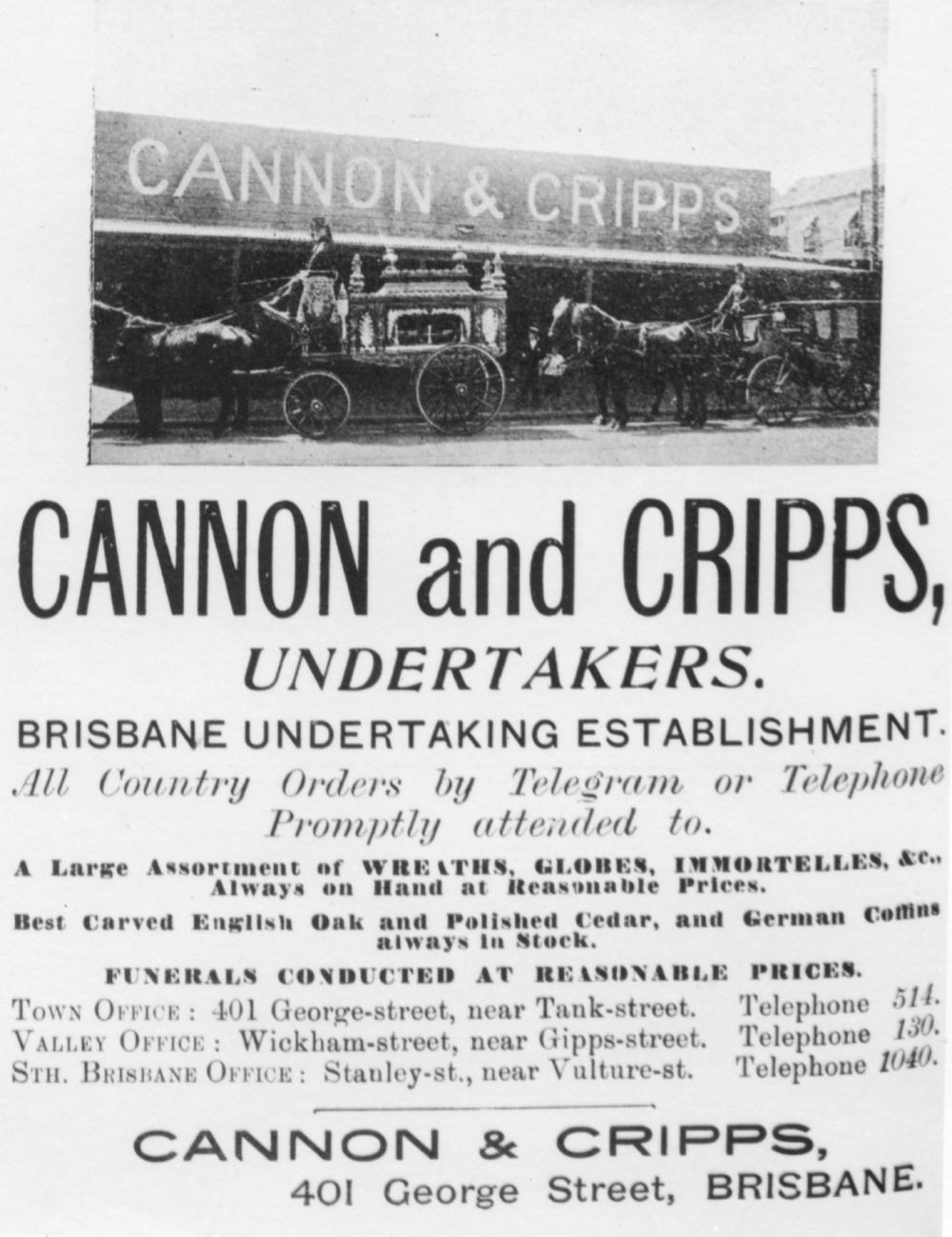 Flyer for Cannon and Cripps, Undertakers in Brisbane, Queensland, 1902
