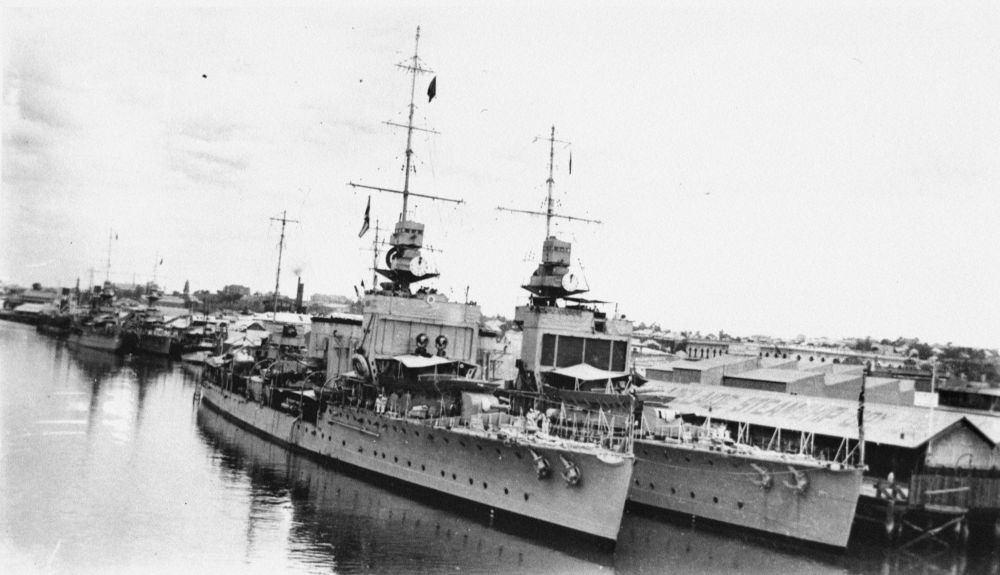 Royal Navy ships HMS Danae, HMS Dauntless, HMS Dragon and HMS Delhi docked at South Brisbane wharves, 1924