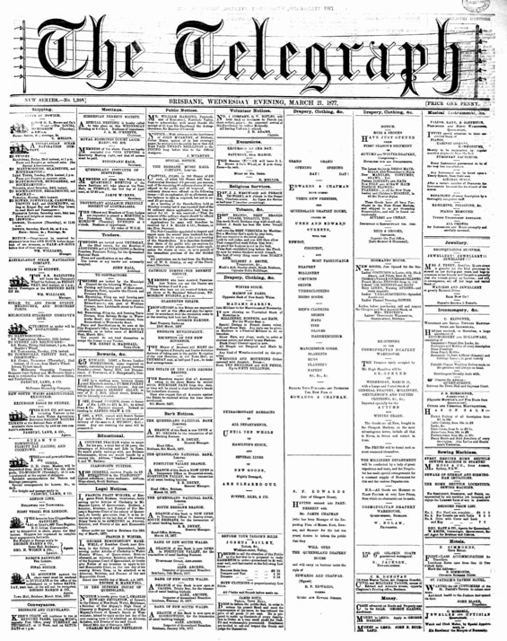 Queensland Drapery House opening advertisment in the The Telegraph, 1877
