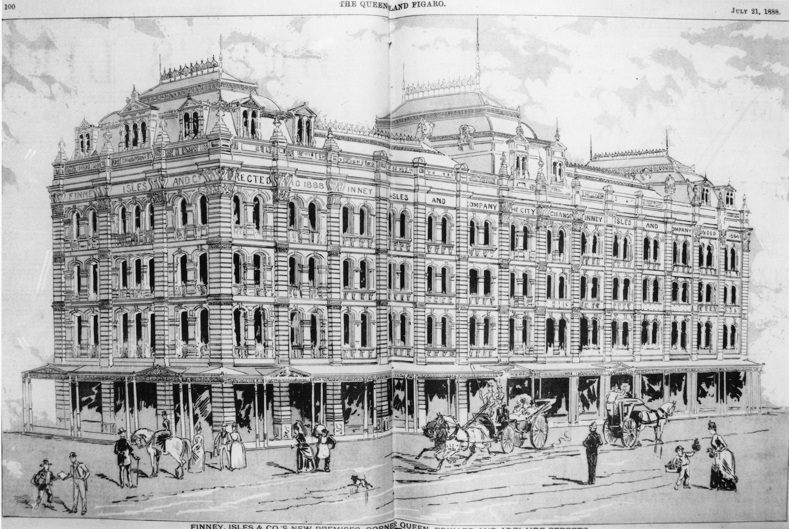 Proposed sketch for the premises of Finney Isles & Co. on the corner of Adelaide Edward and Queen Streets, Brisbane, 1888