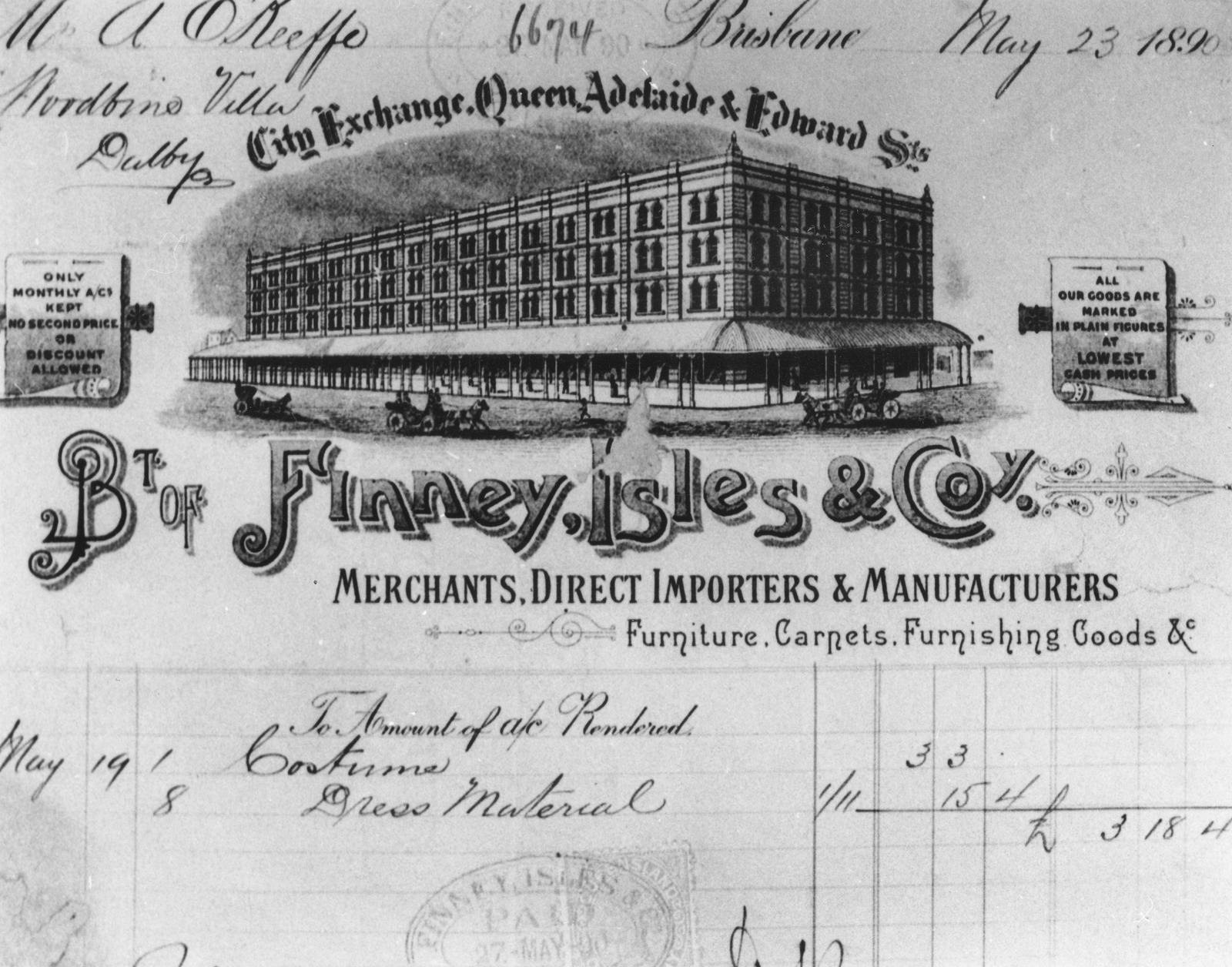 Letterhead showing Finney, Isles & Co. building at the corner of Queen Adelaide and Edward Streets, Brisbane, 1890
