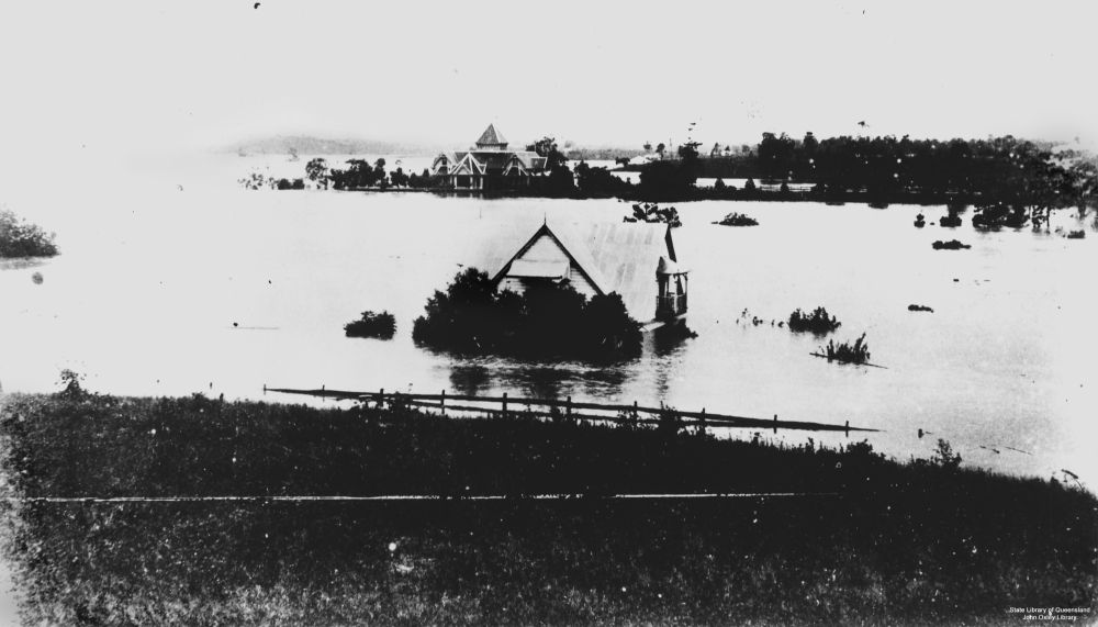 Houses submerged in the 1893 flood waters at Toowong, Brisbane, Queensland