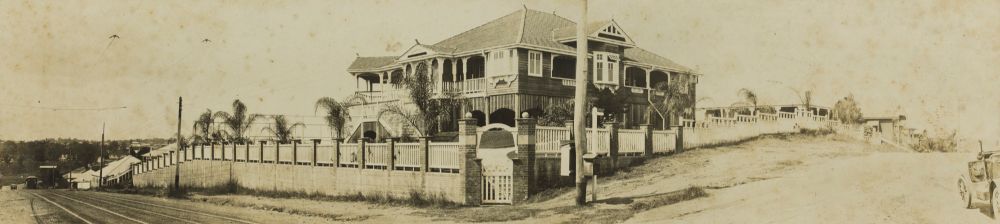 Panorama of a large Queenslander house on the corner of Milton Road and Hobbs Street, Auchenflower. ca. 1920