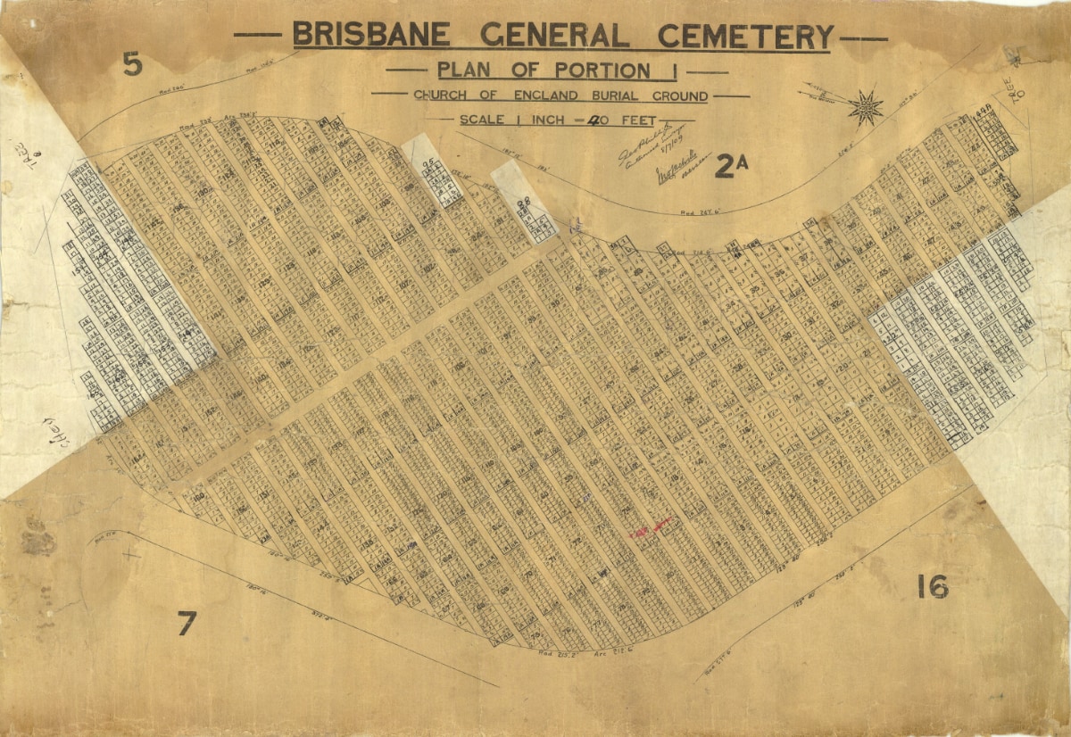 Brisbane General Cemetery - Portion 1 map, 1909
