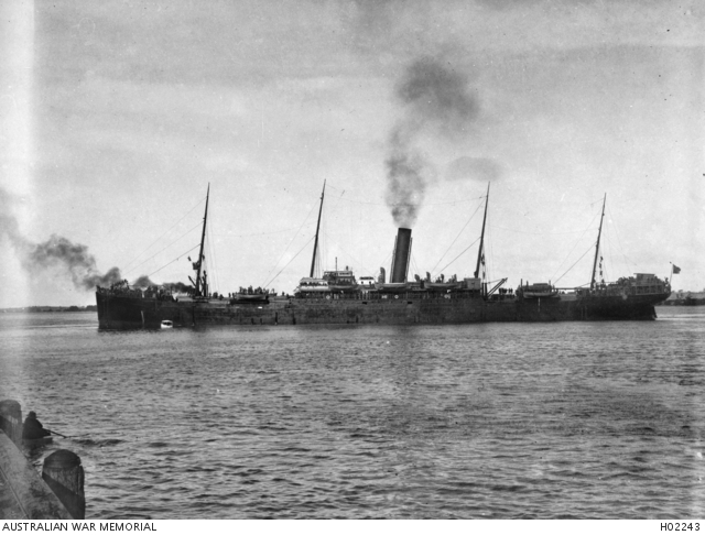 Troopship SEANG CHOON (A49) shortly after leaving Pinkenba Wharf