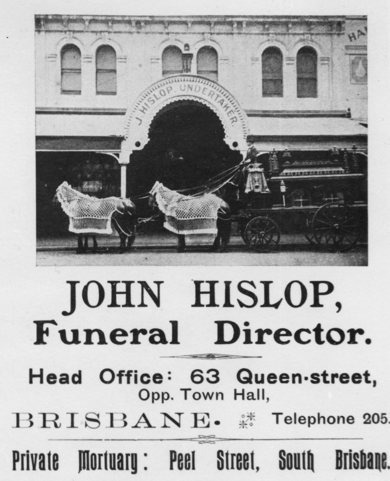 Advertisement for John Hislop's undertaking business featuring the premises and a horsedrawn hearse, 1902