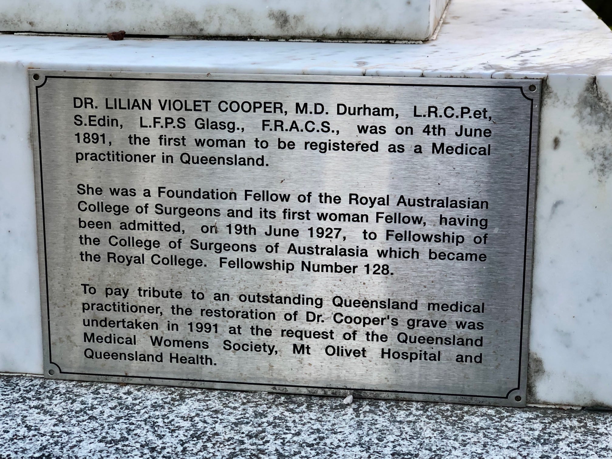 Dr Lilian Violet Cooper plaque