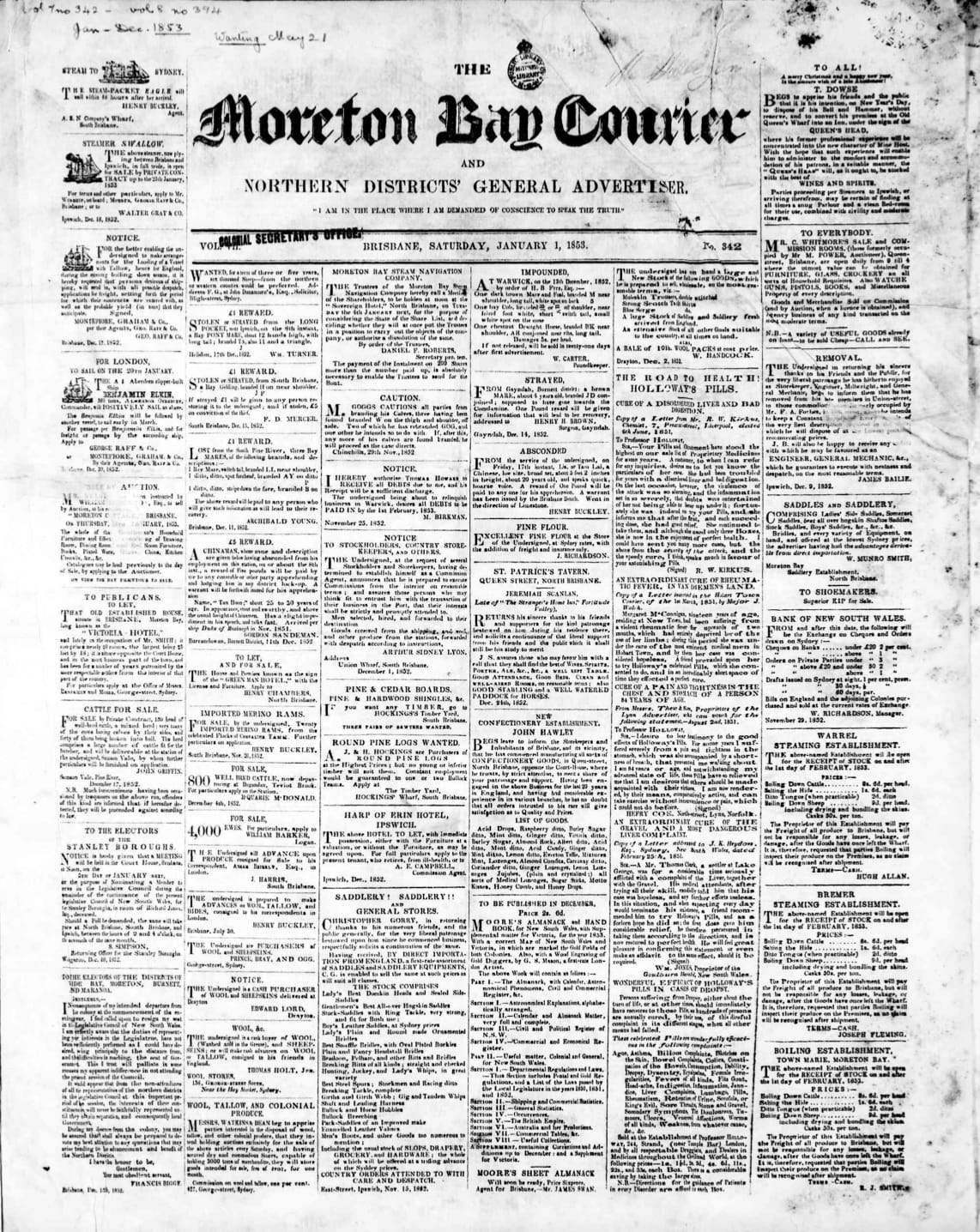 Page 1 of the Moreton Bay Courier, 1 January 1853