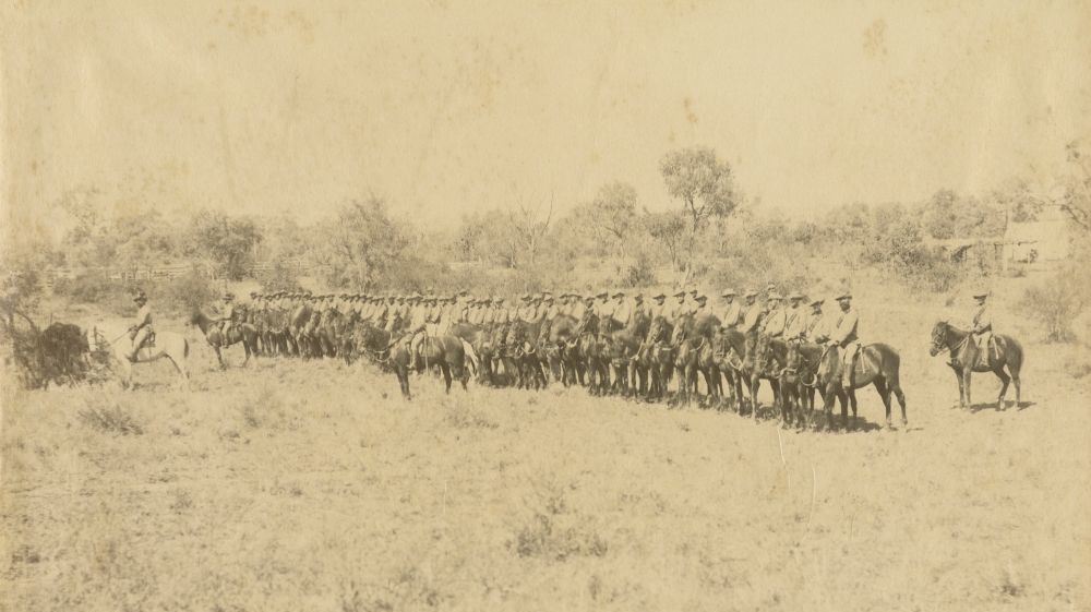 Contingent of soldiers preparing to ride west during the shearer's strike, 1891