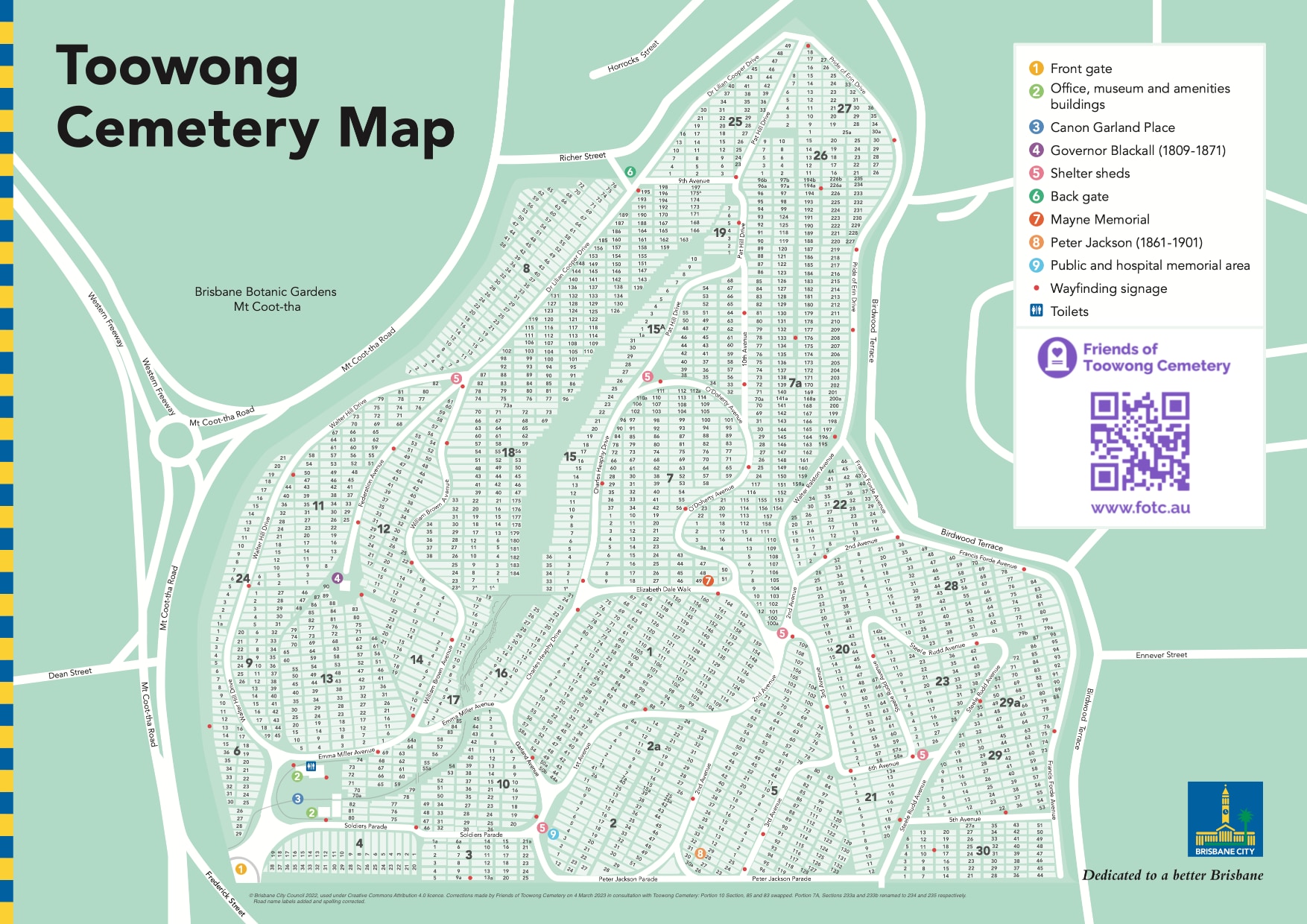Toowong Cemetery Map showing Portions, Sections and key features