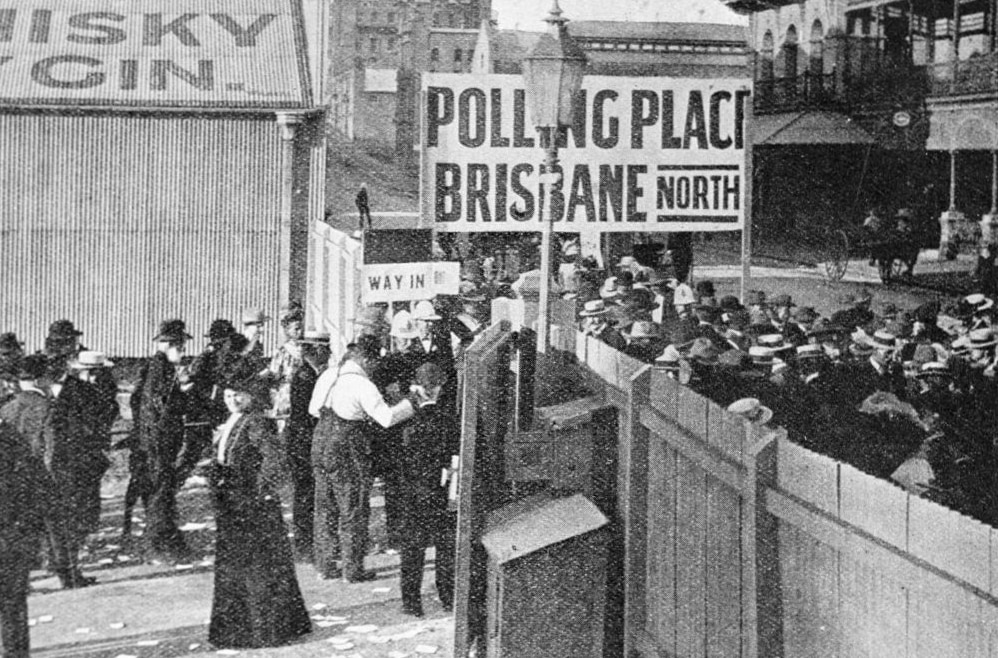 Women inside the gate of the city polling station, voting for the first time in a Queensland state election, May 1907